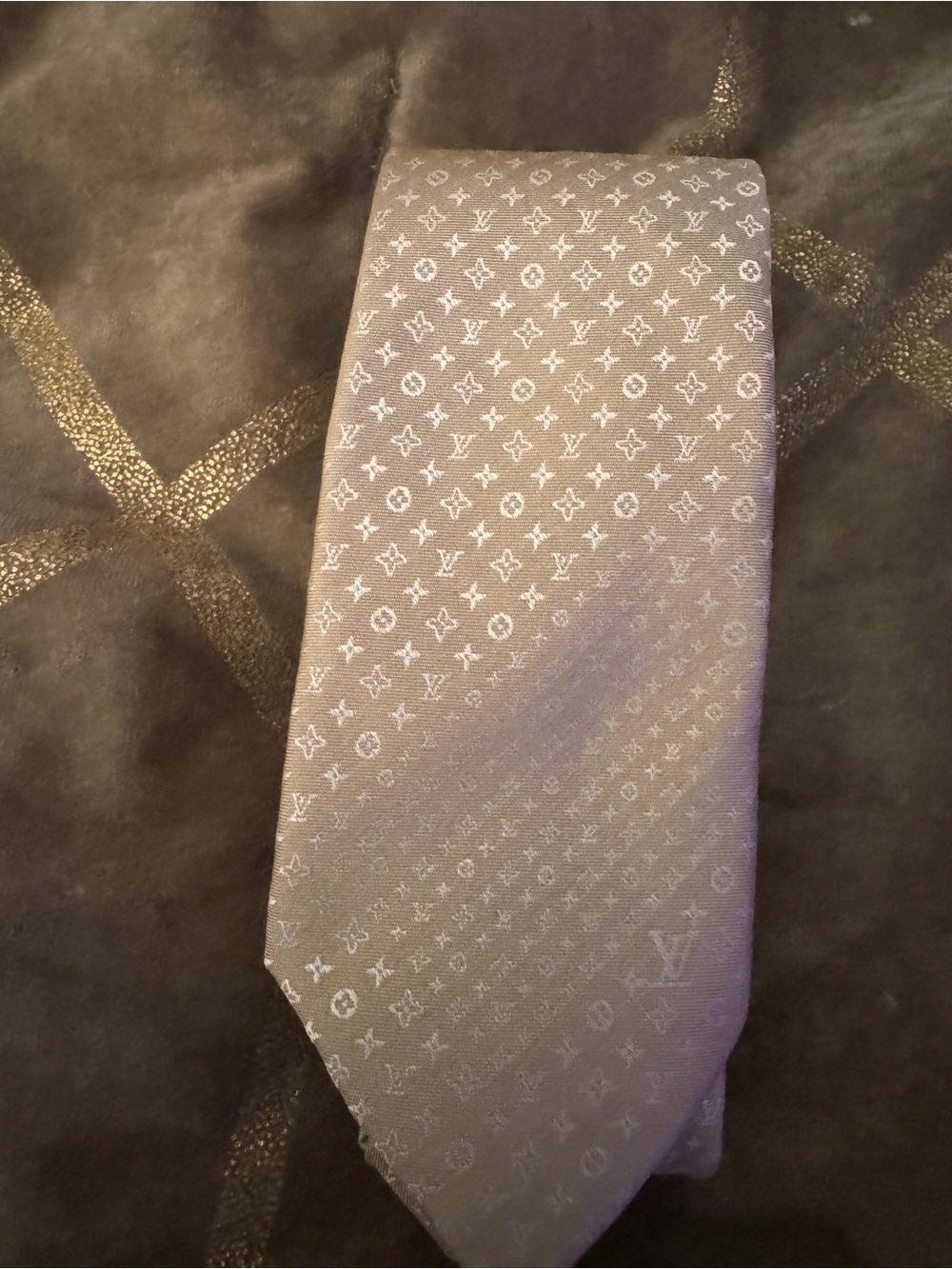 Louis Vuitton Silver Gray Monogram Silk Tie